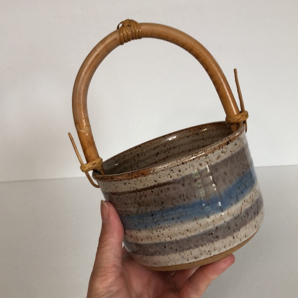 Art Pottery Glazed Basket Style Bowl With Bamboo Handle-Signed